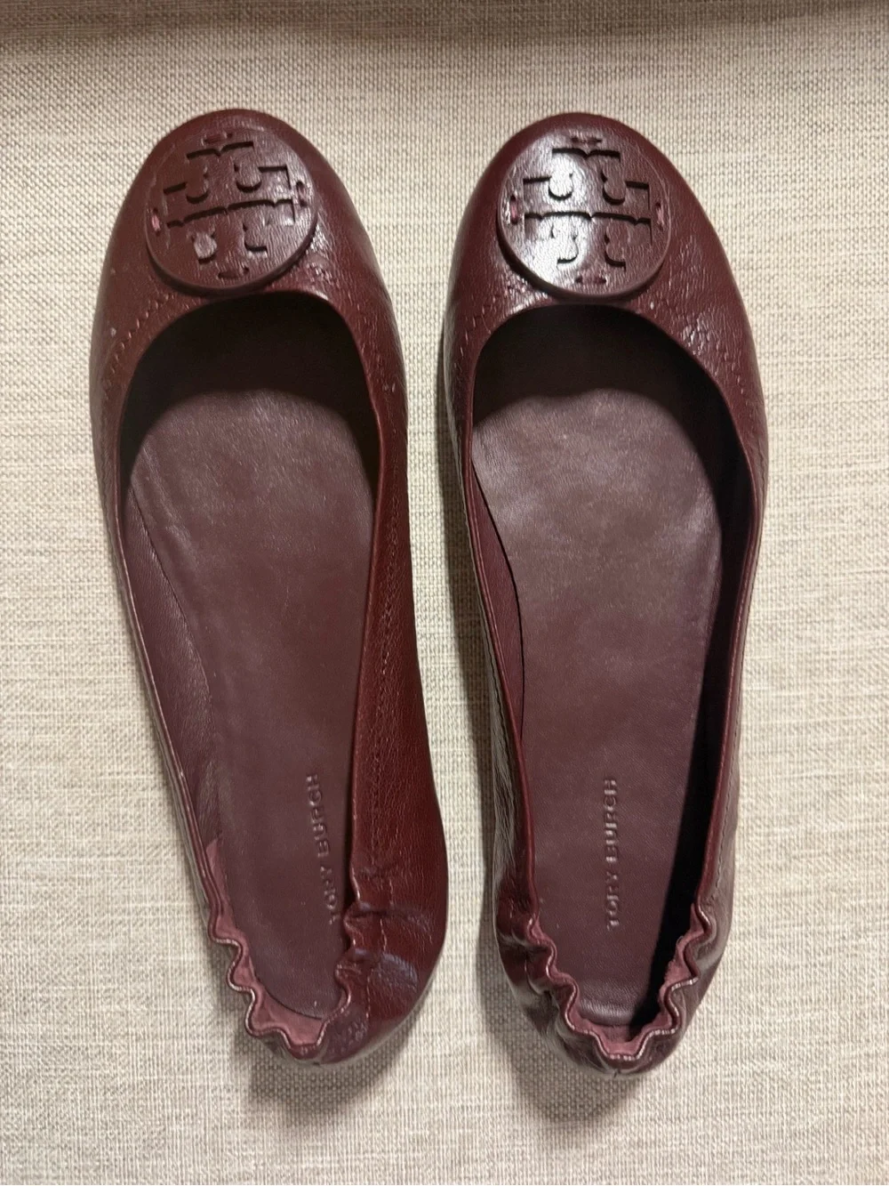 Tory Burch Burgundy Leather Logo Ballet Flats
